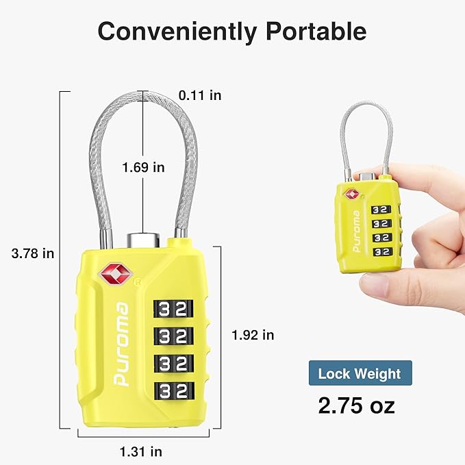 Puroma 2 Pack TSA Approved Luggage Lock, 4 Digit Combination Travel Cable Locks Resettable Code Lock with Zinc Alloy Body for Suitcase, Toolbox, Backpack, Bag, Gym Locker (Yellow)