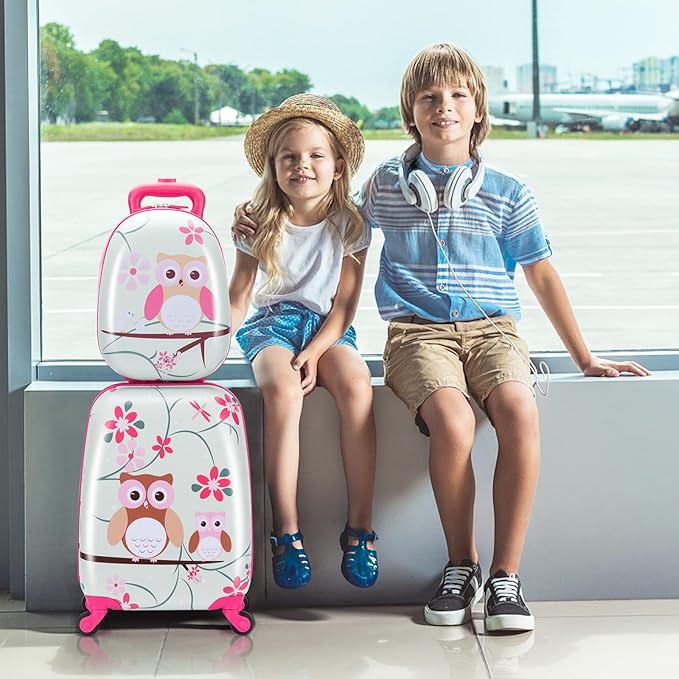 BABY JOY 2 PC Kids Luggage, 16" Toddlers Carry-on Suitcase & 12” Backpack Set, Children Travelling Case w/ 4 Casters & Retractable Handle, Lightweight Trolley Case for Boys & Girls (Owl)