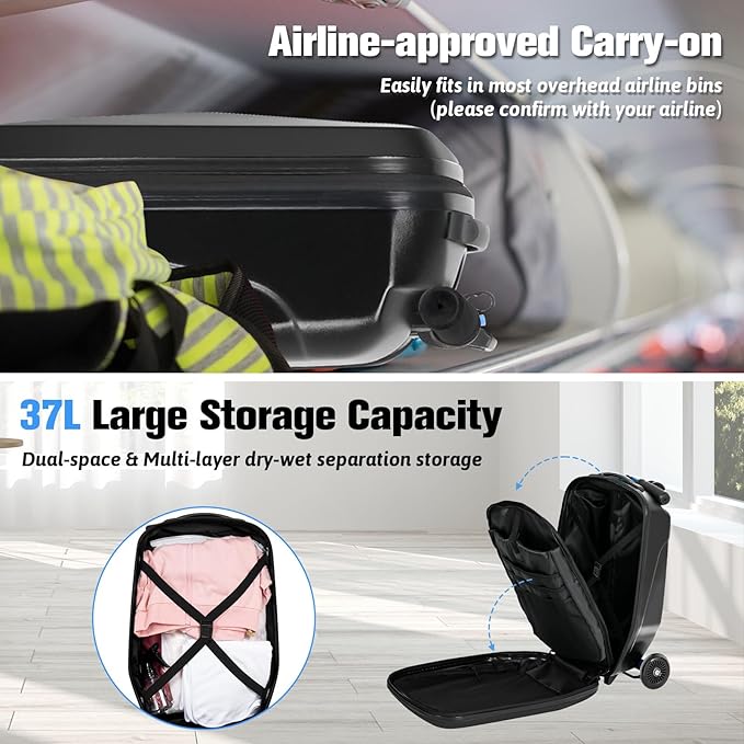 smilesun Scooter Luggage For Kids & Adults， Hardside Ride On Suitcase For Kids Ages 4-15 Multifunctional Lightweight Foldable Carry On Luggage With Wheels Ride On For Children Teenagers（Coal Black）