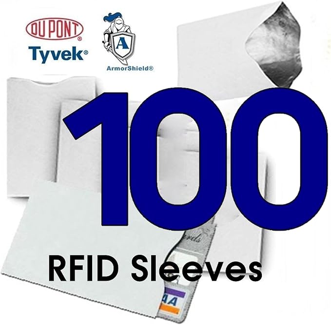 100x BULK LOT RFID Blocking Sleeves Credit Card Protectors 100% MADE IN USA - Anti-theft for Travel wallet, purse. ArmorShield Your Identity