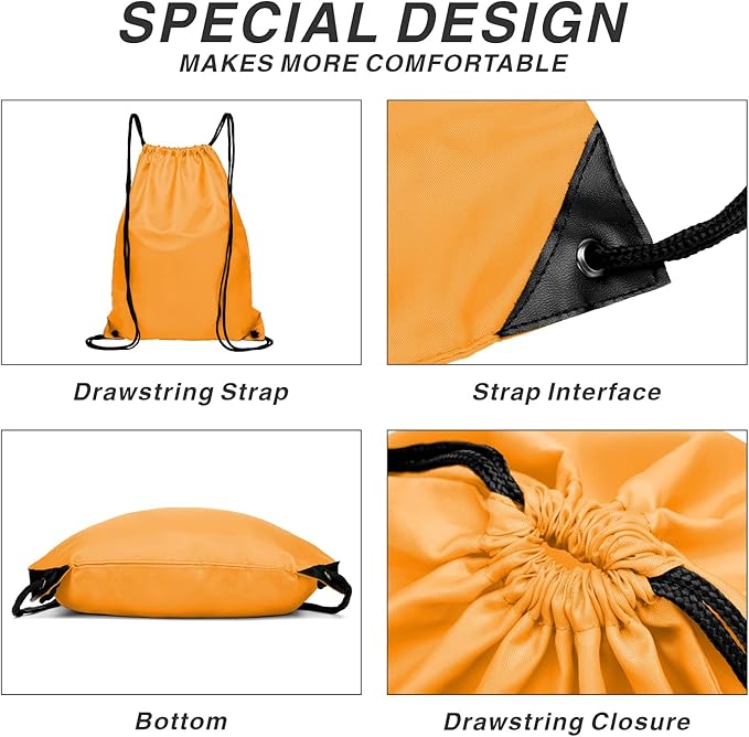 Drawstring Backpack Sports Water Resistant String Bag Sport Gym Sackpack for Women Men Large with Zipper, Orange