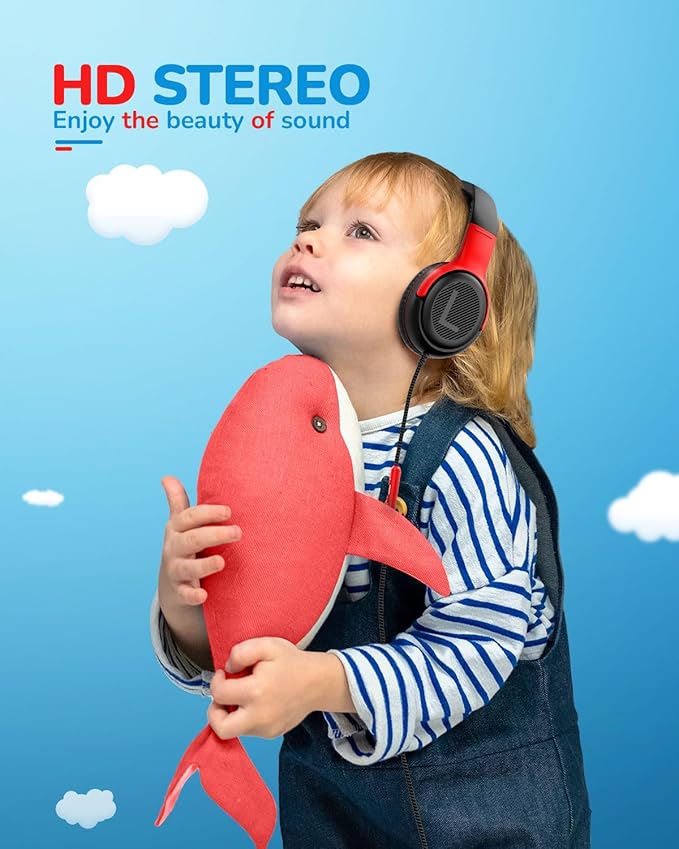 awatrue Kids Headphones for School Travel, 85/94dB Safe Volume Limit, 3.5mm Jack, HD Mic, Portable Wired Headphone with Shareport, Stereo Sound On-Ear Headphones for Toddler Kids Girls Boys BlackRed