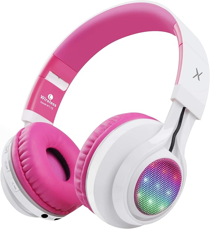 Riwbox WT-7S Bluetooth Headphones Light Up, Foldable Stero Wireless Headset with Microphone and Volume Control for PC/Tablet/TV/Travel (Pink)