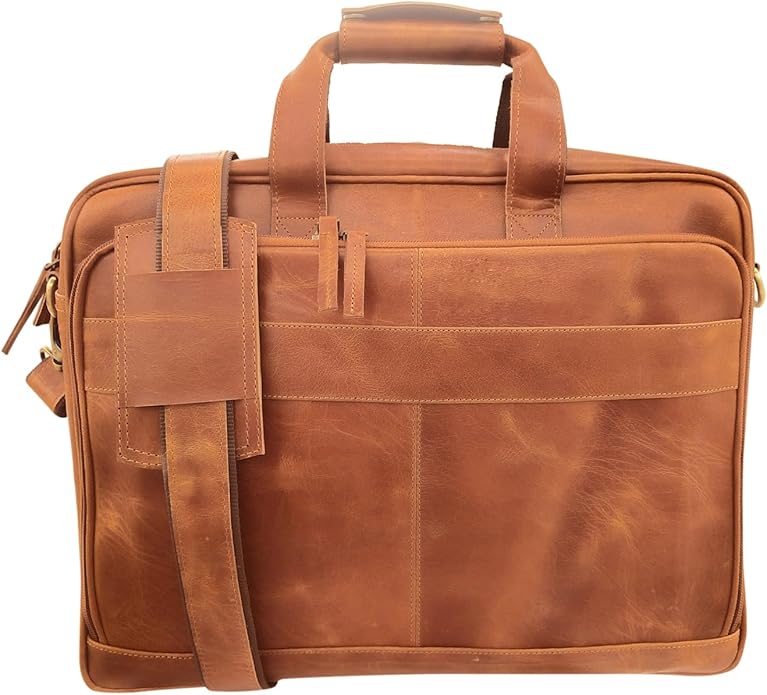 THE M&G BAGS Genuine Leather Messenger Bag for Men, Handmade Laptop Shoulder Bags with Zipper, Multiple Compartments Adjustable Strap, Crossbody Briefcase for Office College Travel -16 IN, Brown
