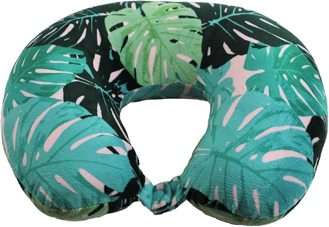 Wolf Essentials Adult Cozy Soft Microfiber Neck Pillow for Travel – Compact, Machine Washable - Perfect for Airplane, Car, or Home Use - Filled and Finished in the USA – Monstera Leaf