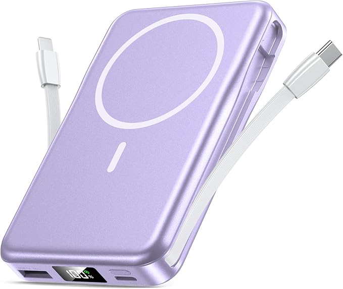 Aobbow Magnetic Portable Charger, 10000mAh Power Bank, 5 in 1 Portable Charger with Built in Cable, 20W Fast Charging for Magsafe Battery Pack Compatible with iPhone 17/16/15/14/13 Pro/Pro Max Series