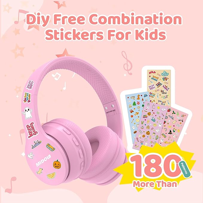 MIDOLA Kids Headphones Bluetooth 5.4 Wireless 68H Play Time Volume Limit 85/94dB Over-Ear Foldable Headset,Type-C Fast Charging,with Wired Aux Mic for Toddler Child Pad Tablet Pink