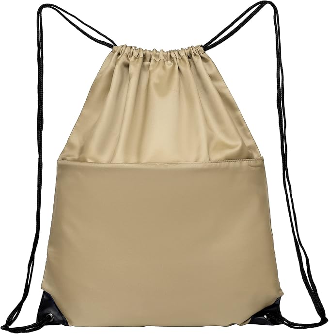 Drawstring Backpack Sports Water Resistant String Bag Sport Gym Sackpack for Women Men Large with Zipper, Khaki