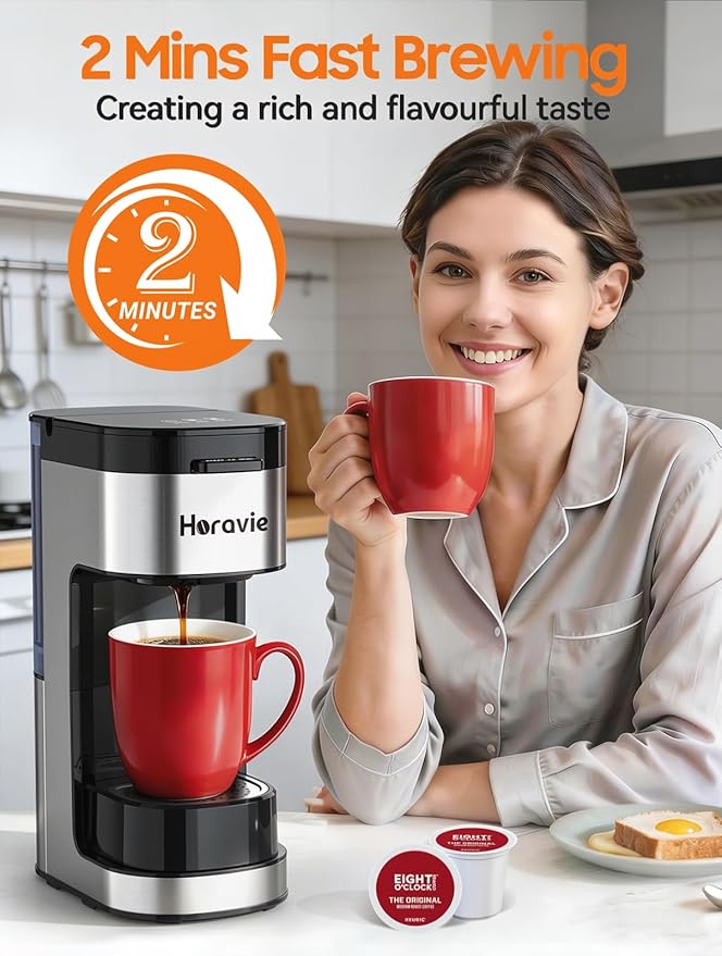 Horavie Single Serve Coffee Maker, Hot and Iced Coffee Maker for K Cup and Ground, 6 to 14 Oz Brew Sizes Single Cup Coffee Maker with Descaling Alert, Ideal for Home, Travel, RV and Dorm,Black