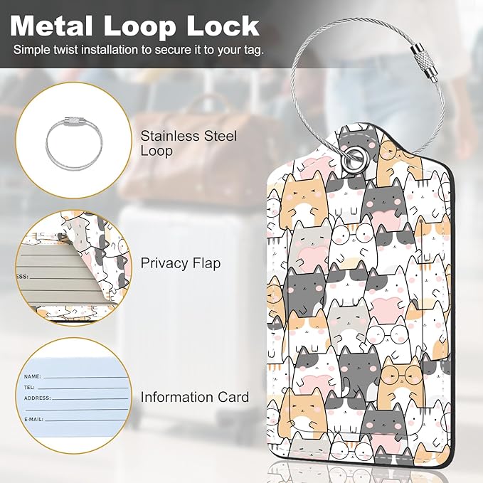 2Pack Luggage Tags for Suitcases, Cute Unique Pu Leather Cruise Luggage Tag with Privacy Cover ID Label Address Card and Metal Ring Suitable for Women Men Kids Travel Bag Cute Cat