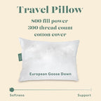 ComfyDown Goose Down Travel Pillow - Filled with 800 Fill Power European Goose Down, Egyptian 300 Thread Count 100% Cotton Cover for Plane car & Home - Made in USA (12x16)