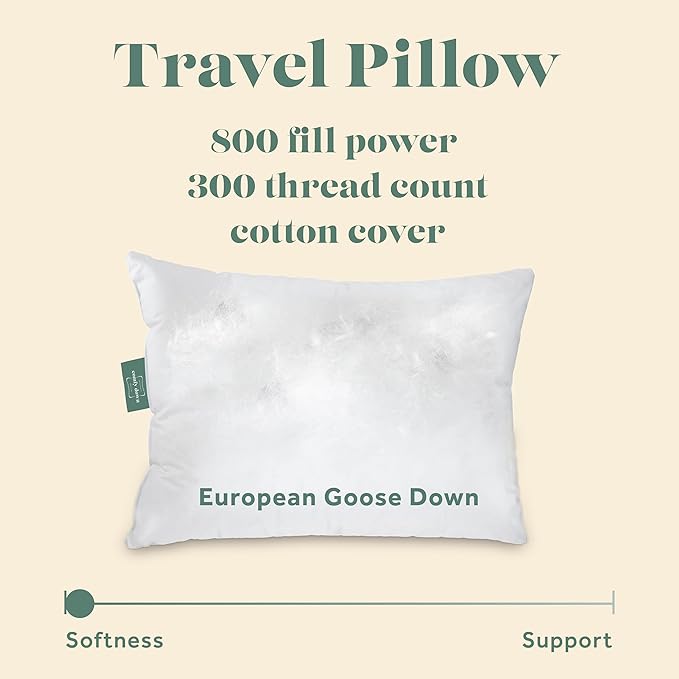 ComfyDown Goose Down Travel Pillow - Filled with 800 Fill Power European Goose Down, Egyptian 300 Thread Count 100% Cotton Cover for Plane car & Home - Made in USA (13" x 18")