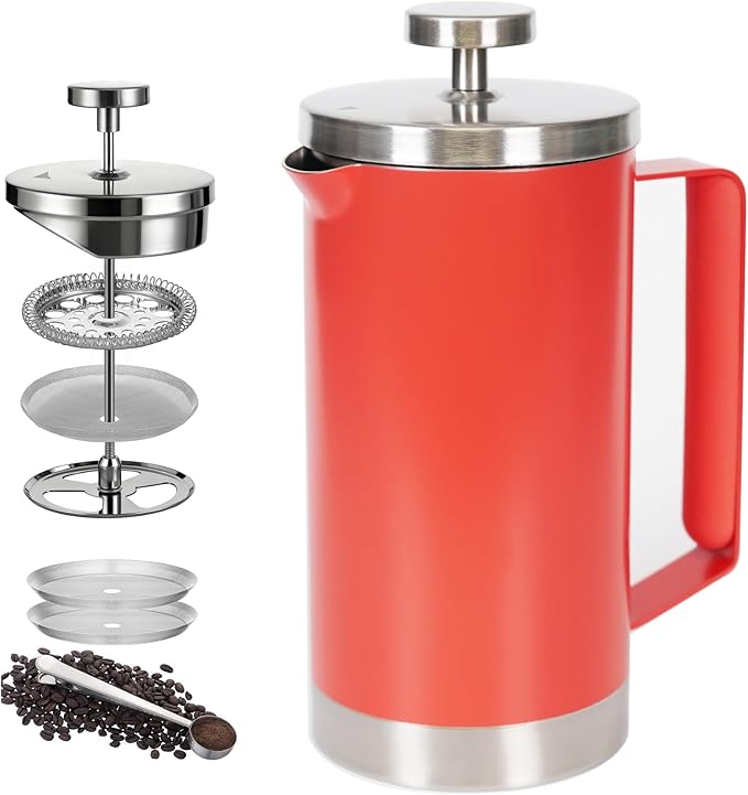 Stainless Steel Small French Press, 600ml Double Wall Insulated Coffee Maker Heat Resistant Non-Slip Handle, Portable Coffee Brewer for Home, Office, Camping, Single & Couple Daily Use
