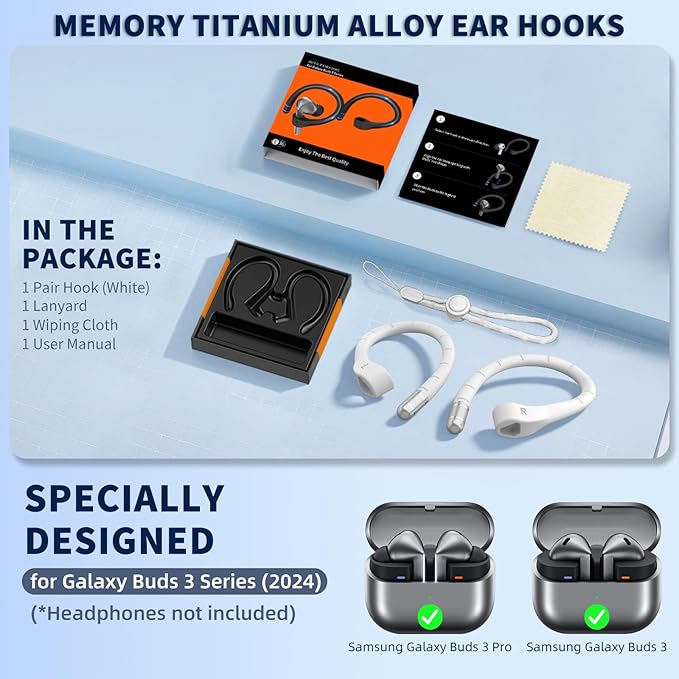 Anti-Slip Ear Hooks for Galaxy Buds 3 Pro (2024) & Galaxy Buds 3 FE (2025), Comfortable Fit | Sports Anti-Loss | Memory Titanium Alloy Ear Hooks Compatible for Samsung Buds 3 Earbuds w/Lanyard, White