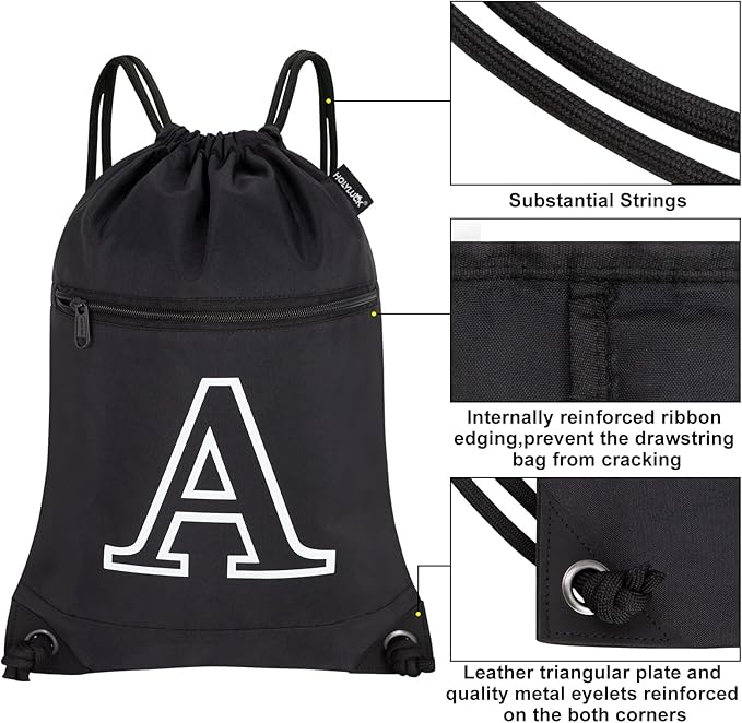 HOLYLUCK Drawstring Bags Initial Backpack Sackpack Cinch Bags for Sports, Gym, Travel, Beach, Letter (Black-A)