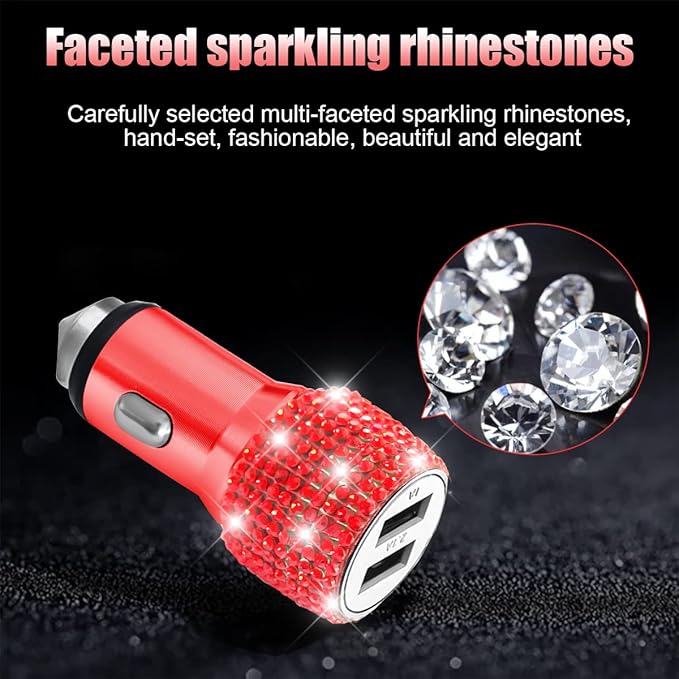 Bling Dual USB Car Charger with 3-in-1 Multi Fast Charging Cable, Dual Port Charger Adapter with Type C Micro USB Cord for iPhone, Android, Rhinestones Car Interior Accessories for Women(Red)