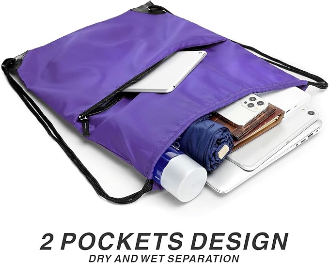 Drawstring Backpack Sports Water Resistant String Bag Sport Gym Sackpack for Women Men Large with Zipper, Purple