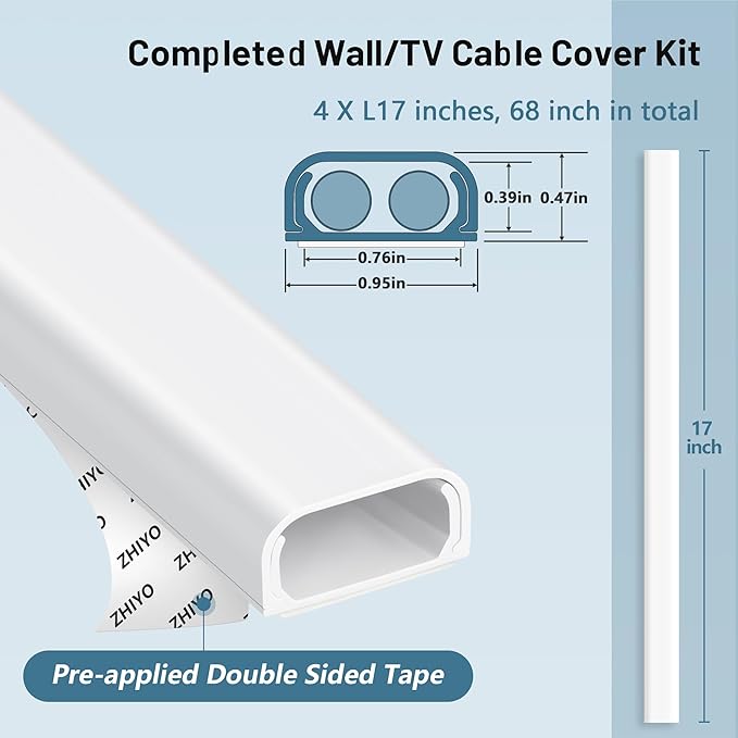 Cable Hider Raceway Kit, 68in (4X L17in) Wire Hiders for TV on Wall, Paintable Cord Cover Channel, Cord Hider for Wall Mounted TV in Home Office, 0.95in (W) x 0.47in (H), White