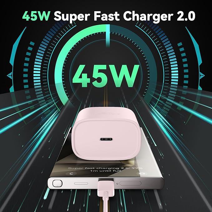45W Super Fast Charger USB C Android Phone Type C Charger Fast Charging Block with 10FT Cord for Samsung Galaxy S26/S26 Ultra/S26+/S25 Ultra/S25/S24 Ultra/S24/S23 Ultra/S22/S21/S20/Note 10, Pink