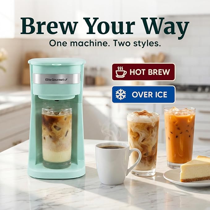 Elite Gourmet EHC113M Personal Single-Serve Compact Coffee Maker Brewer Includes 14Oz. Stainless Steel Interior Thermal Travel Mug, Compatible with Coffee Grounds, Reusable Filter, Mint