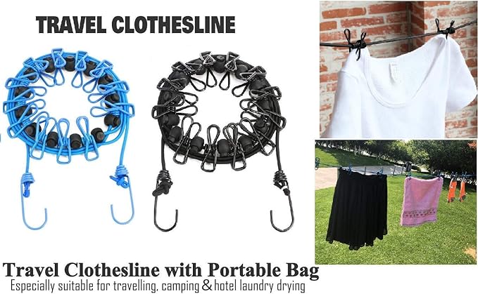 2 Pack Portable Clothesline with 12 Clothespins, Windproof Travel Stretchy Retractable Elastic Laundry Clothes Line for Backyard, Vacation Hotel, Balcony Drying
