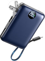 Portable Charger with Built-in Cables & Wall Plug, 10000mAh Power Bank, 4 Outputs 22.5W USB C Fast Charging, Slim Travel Battery Pack with LED Display for iPhone 17/16/15/14, DarkBlue