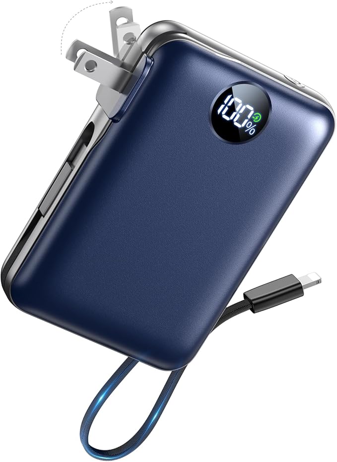 Portable Charger with Built-in Cables & Wall Plug, 10000mAh Power Bank, 4 Outputs 22.5W USB C Fast Charging, Slim Travel Battery Pack with LED Display for iPhone 17/16/15/14, DarkBlue