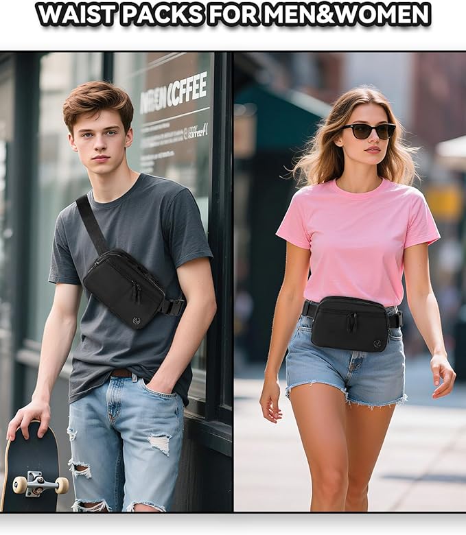 Fanny Pack Crossbody bags for Women Men, 2L Everywhere Belt Bag, Fashion Waist Packs, 5-Zipper Pockets Waist Bag with Adjustable Strap