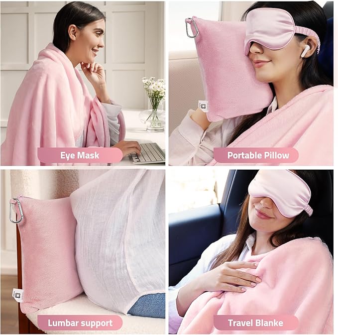Travel Blanket, Airplane Blanket, Ultra-Soft, Warm & Lightweight, 65x40 in, Outdoor Blanket Essentials for Women, Men & Kids, Included Eye Mask, Luggage Sleeve & Backpack Clip Pink