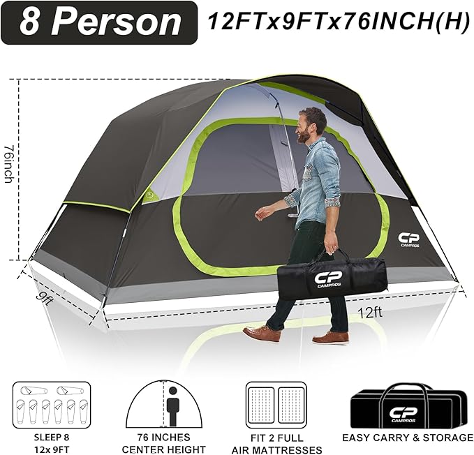 CAMPROS CP Upgraded 6/8 Person Camping Tents, Waterproof Windproof Family Tent with Larger Mesh Windows & Door, Double Layer, Easy Set Up, All-Season Dome Tent with Top Rainfly & Carry Bag