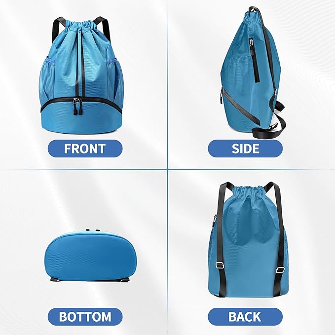 JELUTAR Drawstring Backpack Gym Bag with Shoes Compartment for Soccer, Basketball, Swim, Water-Resistant String Backpack Beach Cinch for Women Men, Sky Blue