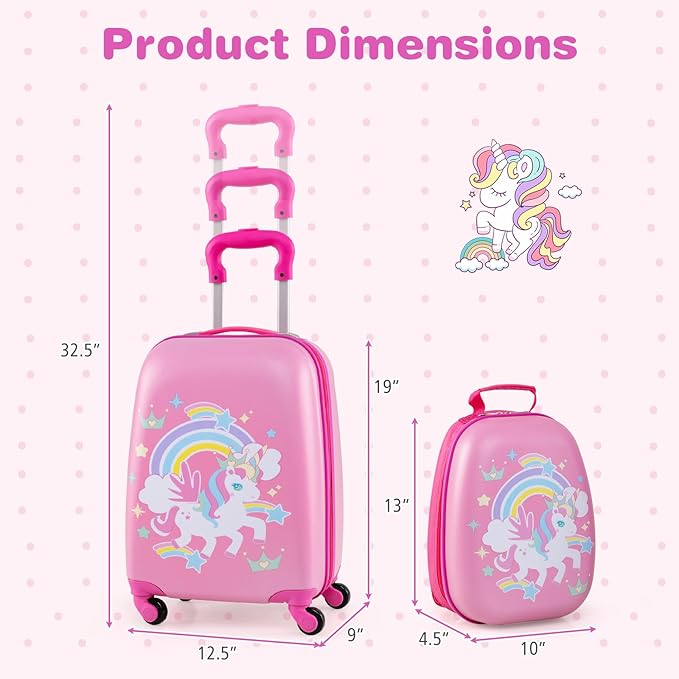 Goplus 2PC Kids Luggage, 12" & 16" Kids Carry On Luggage Set with 4 Spinner Wheels, Lightweight Rolling Spinner Suitcase for Children Toddlers Boys and Girls Travel