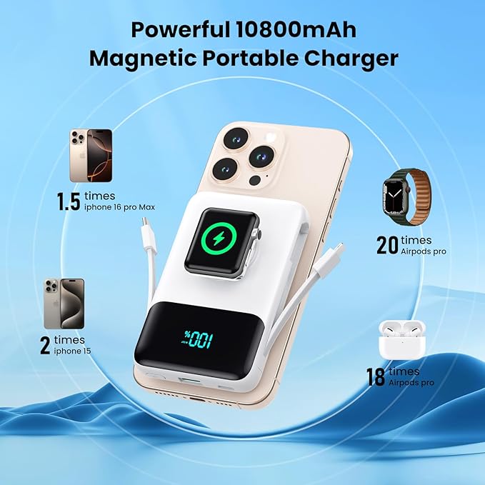 Magnetic Portable Charger for iPhone with Built-in Cable,10800mAh Wireless Power Bank for Magsafe Travel Essential,6-in-1 25W PD Fast Charging USB C Battery Pack for iPhone 17/16/15/14/13, Apple Watch