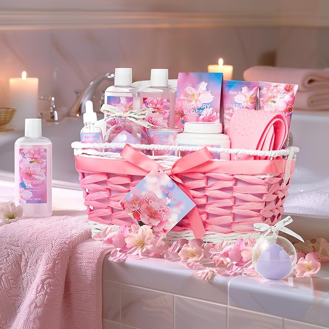 Mothers Day Gifts for Women, 13Pcs Bath & Body Gift Set Basket for Women, Cherry Blossom Bath and Body Gift, spa kit, Self Care Pampering Kit, Diffuser, Home Spa, cosmetic Bag, Birthday, Bridal Shower
