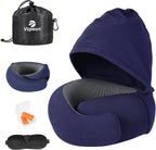 Travel Pillow - Hooded Neck Pillow Airplane Memory Foam Filling for Plane, Office, Cars Sleeping, Road Trip, Long Flights, Airplane Travel Essentials, Includes Eye Mask & Earplugs (Navy)