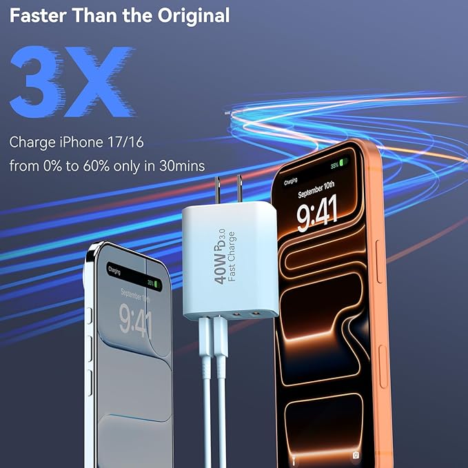Duloch USB C Wall Fast Charger Block, 40W 4-Port Type C Chargers Fast Charging Blocks for Phone 17/16/15/14/13/12 Pro Max, Pad, Galaxy S24/23-2Pack Gradient Blue