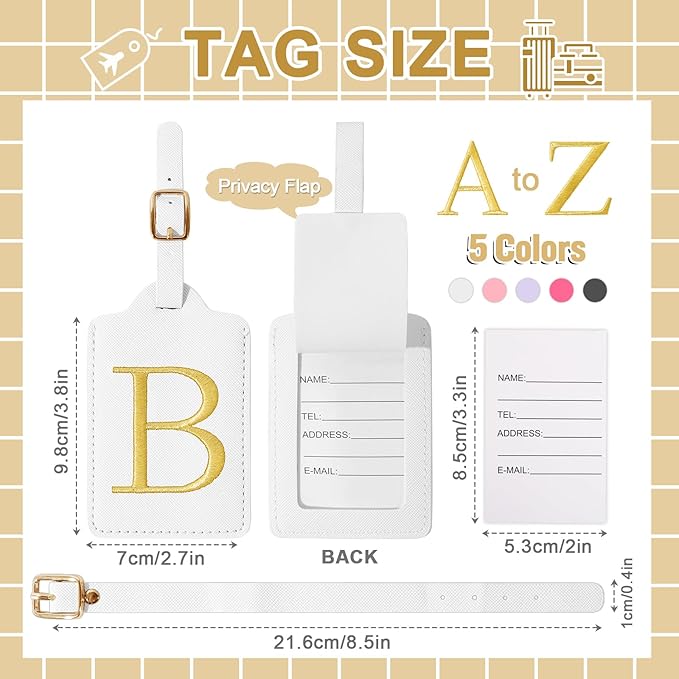 Personalized Initial Luggage Tags for Suitcase TSA Approved, White Leather Cute Luggage Tag with Privacy Cover Name Card, Embroidered Custom Luggage Tags Travel Baggage Tags Gifts for Women Kids(B)