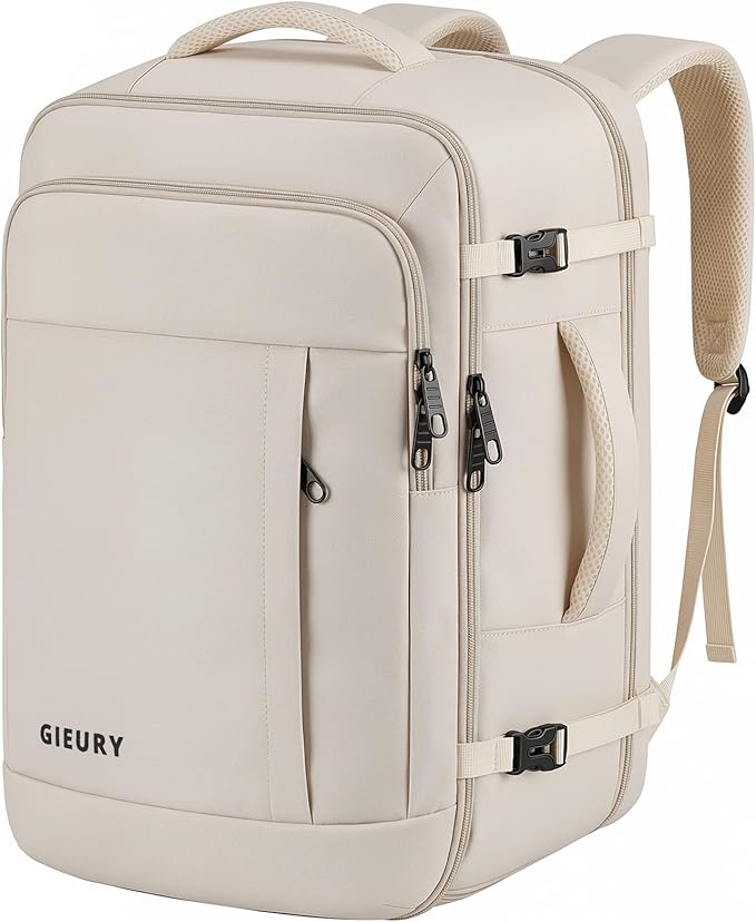 Gieury Travel Backpack, Extra Large 50L Expandable Backpack for Men Women, Carry On Backpack For Airplanes, Travel Essentials Luggage Suitcase Daypack Travel Gift Weekender Bag, Beige