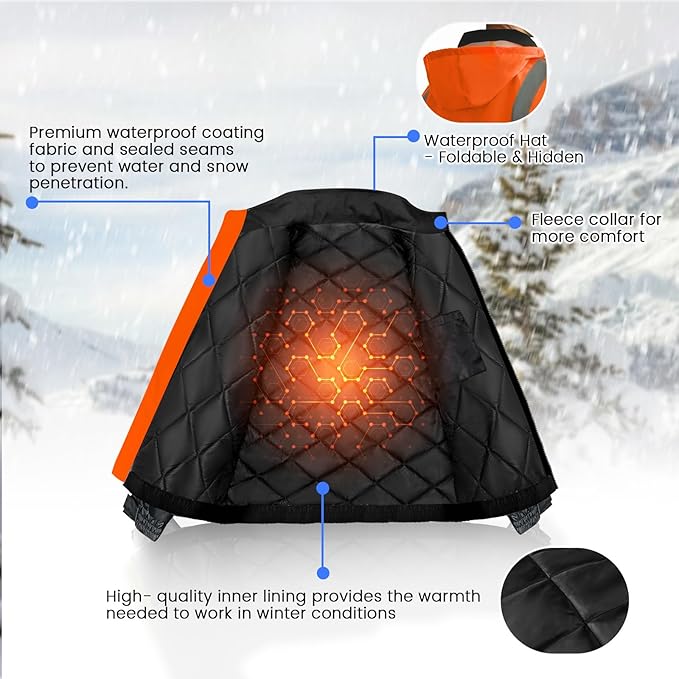 High Visibility Safety Jackets, Construction Coats with Pockets for Men& Women, Rain Jacket for Winter Cold Weather, Waterproof High Vis Rain Coat, Class 3, Orange-Black, 3XL