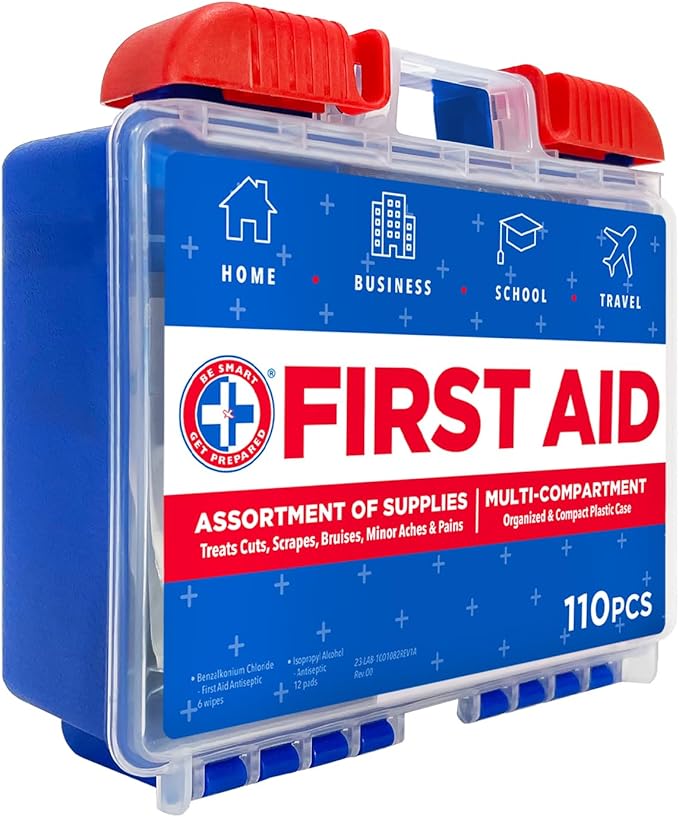 Be Smart Get Prepared 110 pc First Aid Kit (4 Pack): Clean, Treat, Protect Minor Cuts, Home, Office, Car, School, Business, Travel, Emergency, Outdoor, Camping & Sports (Packaging May Vary)
