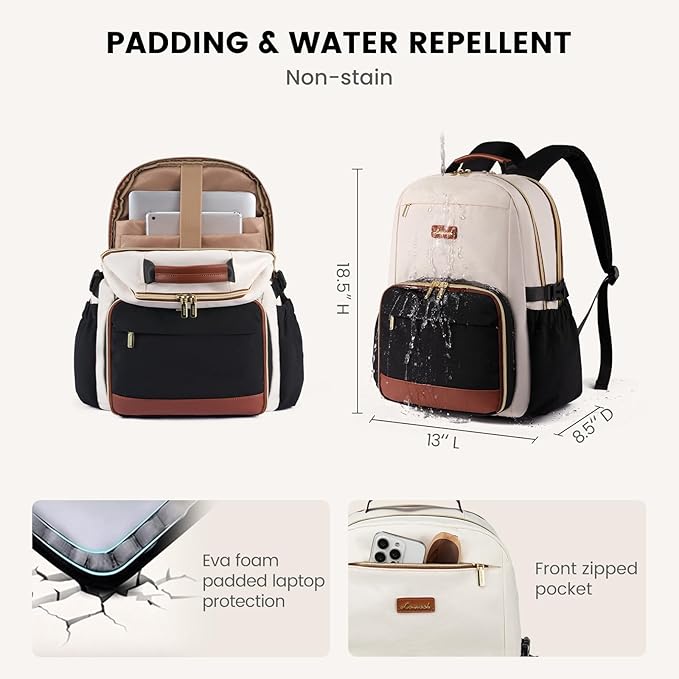 LOVEVOOK Lunch Backpack with Lunch Compartment,17 Inch Laptop Work Travel Insulated Cooler Backpack,Waterproof College Teacher Lunch Bag Box with Tumbler Holder,Gifts for Men Women,Beige-Black-Brown