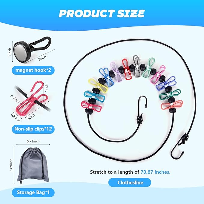 Magnetic Clothesline for Cruise Ship, Travel Clothesline with 12 Clothespins for Cruise Ship Essentials, Clothes Drying Rack with Strong Magnets Hooks and Storage Bag for Cruise Ship Cabin Outdoor
