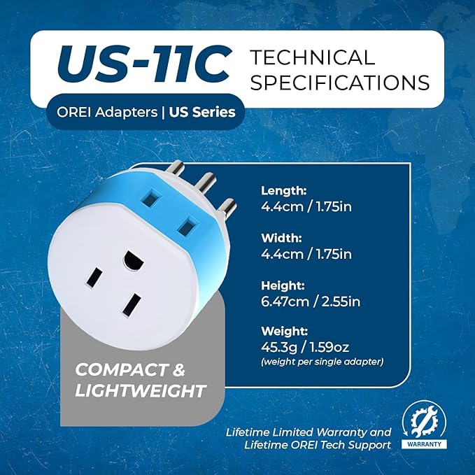 OREI Brazil Travel Plug Adapter with 2 USA Inputs - Travel 3 Pack - Type N (US-11C) Safe Grounded Use with Cell Phones, Laptop, Camera Chargers, CPAP, and More