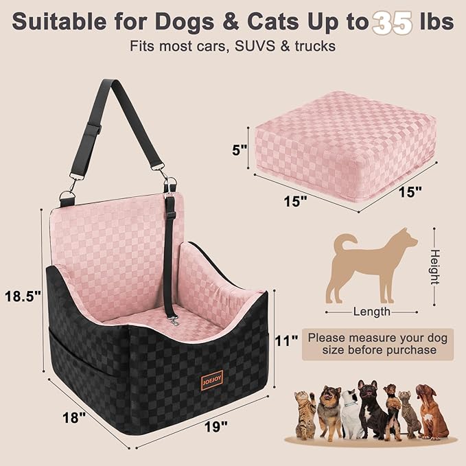 JOEJOY Elevated Dog Car Seat for Small/Medium Dogs up to 35 lbs, Memory Foam Booster Seat with Detachable Washable Cover, Travel-Safe Car Bed with Safety Belts & Storage Pockets, Pink