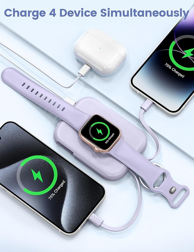 RORRY CharmGo Portable Charger, 5000mAh Portable Charger Power Bank with Built-in Cables, Travel Keychain Battery Pack for Apple Watch and iPhone Air/17/16/15/14/13/12, Purple
