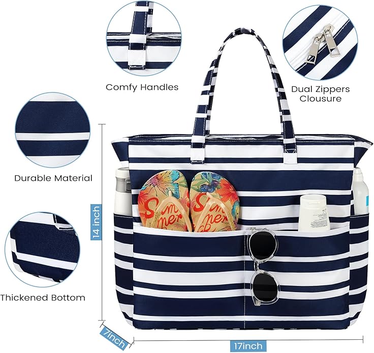 Trifabricy Beach Bags for Women Waterproof Sandproof Women Tote Bag, Large Beach Bag with Zipper for Gym Travel Vocation