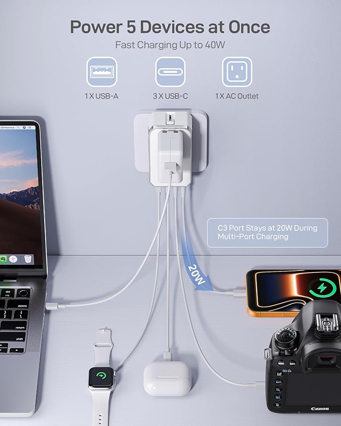 EPICKA Air 40W Universal Travel Adapter, PD Fast Charging International Power Adapter with 1 AC & 4 USB Ports, Worldwide Compact Travel Essentials for USA/EU/UK/AUS(White, Not a Voltage Converter)