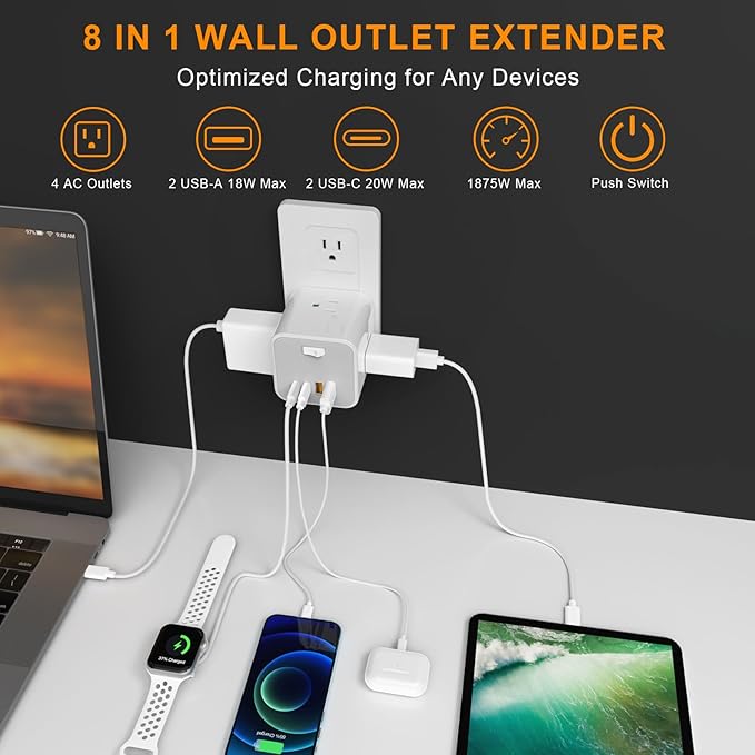 Outlet Extender USB C Wall Charger, Bototek Multi Plug Outlet Splitter 4AC Outlets with 4 USB Port, 20W USB C for Multiple Devices, 5-Sided Multi Plug for Cruise Home Office Dorm Room Essentials