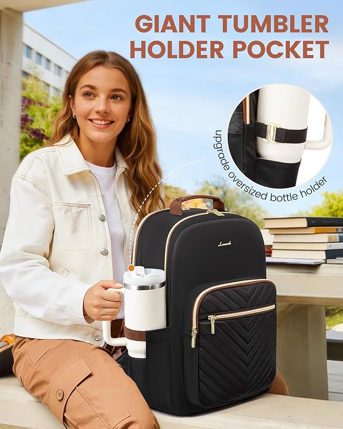 LOVEVOOK Laptop Backpack for Women with Giant Tumbler Holder 17.3 inch,Designer Travel Backpack Laptop Bag College Backpack,Quilted Work Nurse Teacher Backpack Purse Computer Bag Daypack,Black Brown