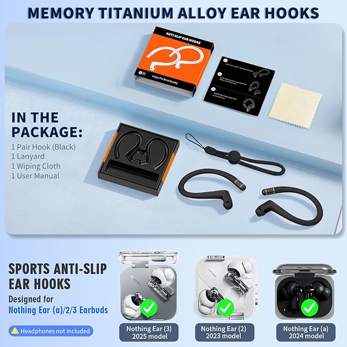 Anti-Slip Ear Hooks for Nothing Ear 3 Earbuds (2025), Comfortable Fit | Sports Anti-Loss | Soft Memory Titanium Alloy Ear Hooks Compatible for Nothing Ear (3) Wireless Earbuds with Lanyard (Black)